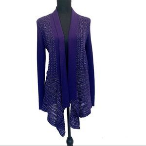 𝅺JONES New York purple metallic glitter open Front asymmetrical knit cardigan S
